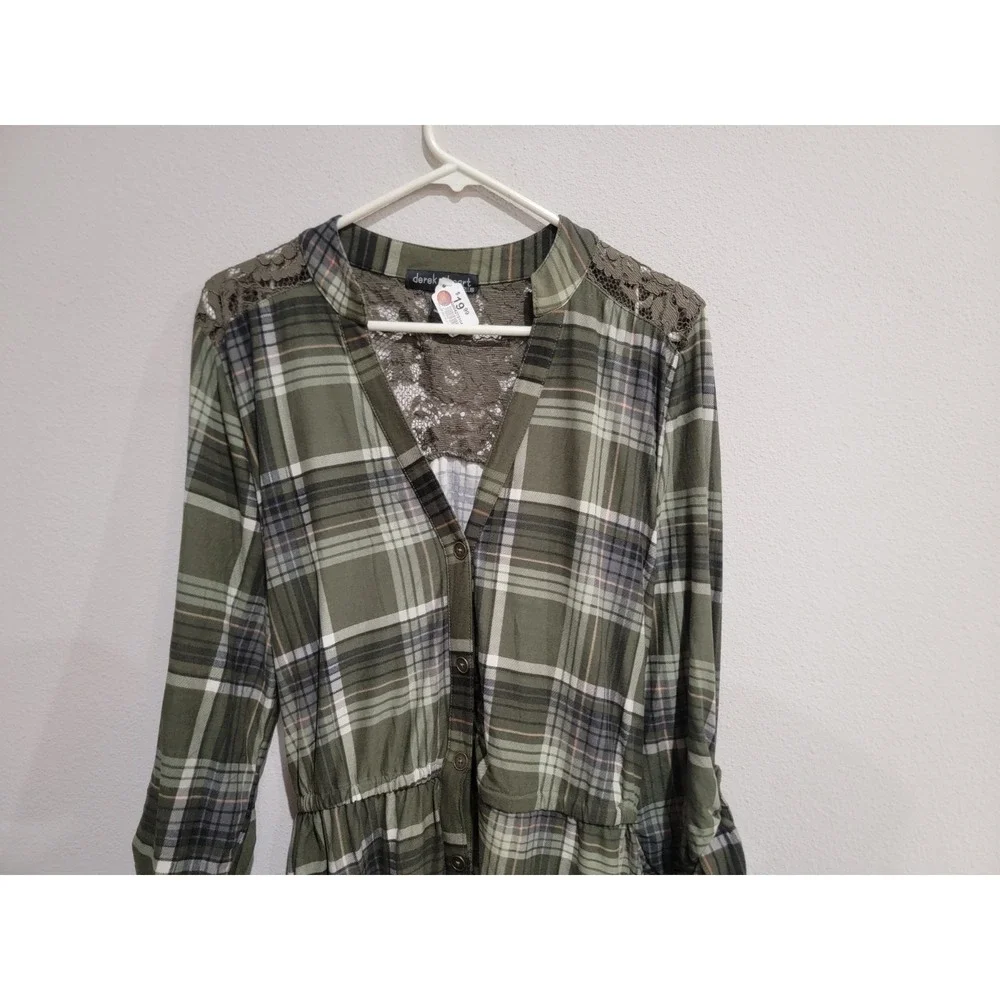 Derek Heart Womens 2X Olive‎ Green Belted Shirt Dress Long Sleeve Lace Back NWT